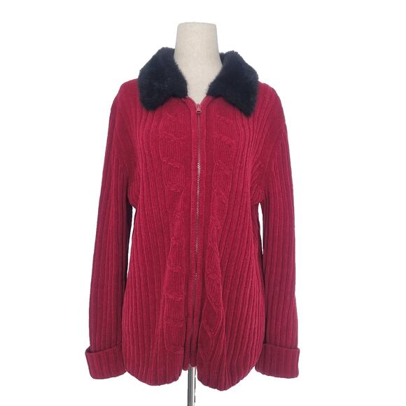 Vintage Designers Originals Fur Trim Knit Zip Up Cardigan Size M Red Preppy - Picture 2 of 6